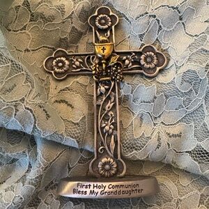 CAMCO Decorative Silver Cross with Floral Design-FIRST HOLY COMMUNION